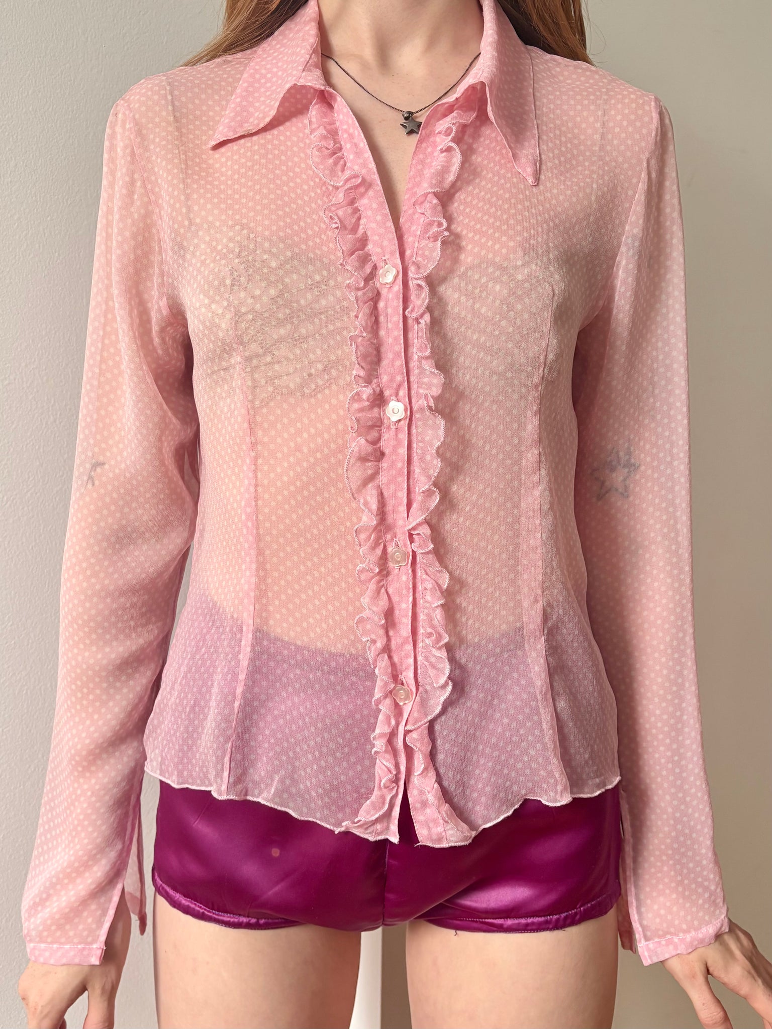 1990s Silk Chiffon Dot Print Button Up Blouse Pink White