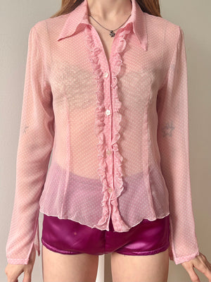 1990s Silk Chiffon Dot Print Button Up Blouse Pink White