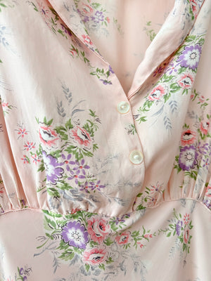 1940s Pink Rose Print Floral Bias Cut Slip Rayon Dress Short Sleeve Button