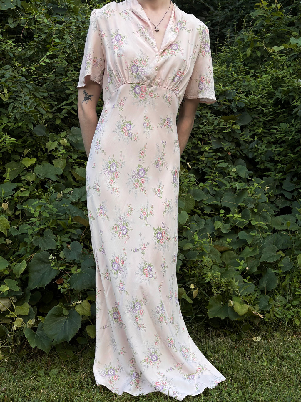 1940s Pink Rose Print Floral Bias Cut Slip Rayon Dress Short Sleeve Button