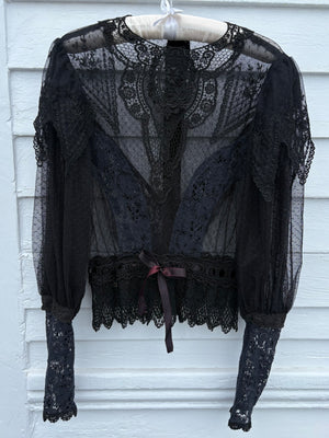 1970s Victorian Style Black Floral Mesh Net Lace Long Balloon Sleeve Blouse