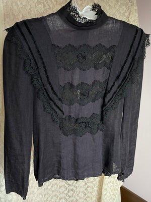 1970s Washed Black Linen Lace Blouse Button Up Back