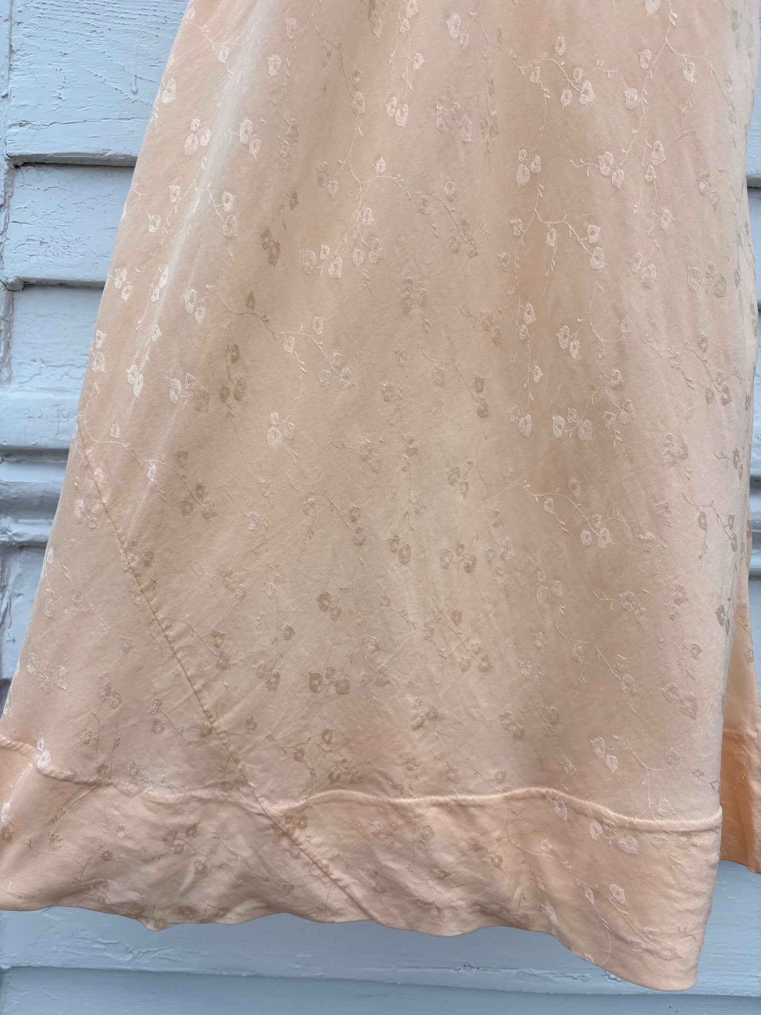 1940s Peach Brocade Silk Cream Net Floral Appliqué Bias Cut Slip Midi Dress