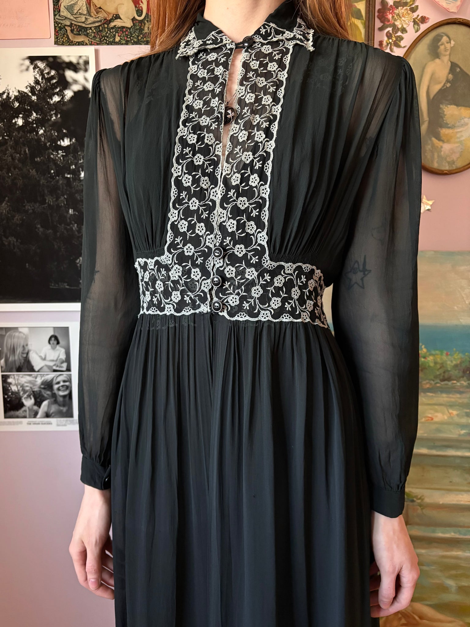 1940s Black Bias Cut Slip Rayon Sheer Mesh Lace Trim Dress Peignoir Robe Set