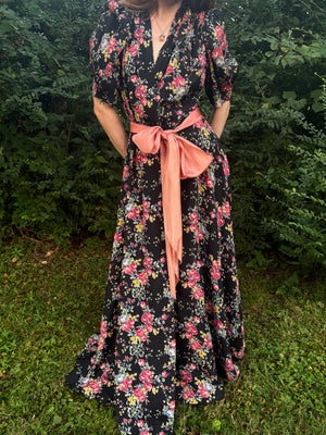 1940s Black Rose Floral Wrap Dress Printed Rayon Puff Sleeve