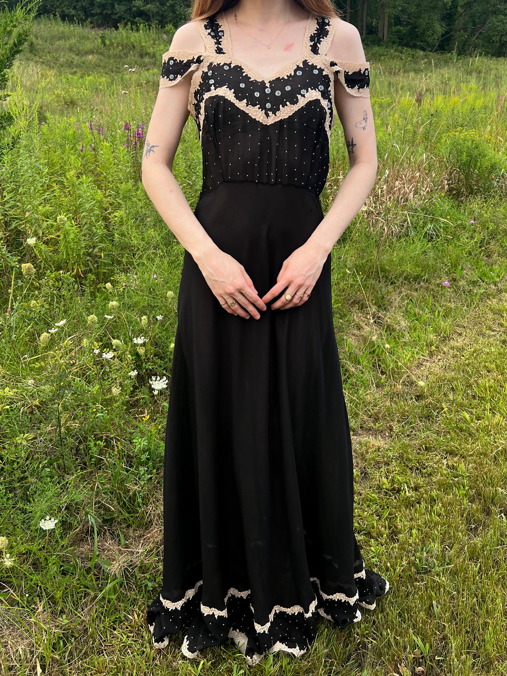 1930s Silk Black Blue Embroidered Bias Cut Lace Gown Dress