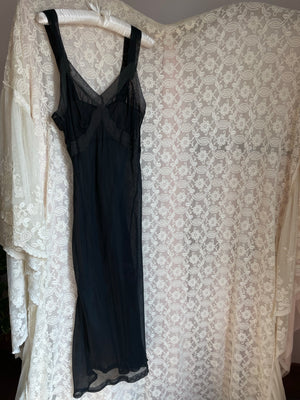 1940s Black Sheer Bias Cut Slip Rayon Dress