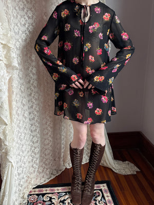 1990s Betsey Johnson Floral Print Mini Dress Black Sheer Long Sleeve