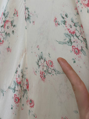 1930s Silk Chiffon Floral Print Cream Lace Bias Cut Slip Dress