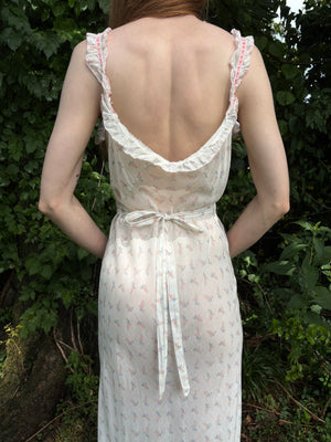 1930s White Cotton Floral Bias Cut Slip Dress Peignoir Set Puff Sleeves Pink Ribbon Rose Floral