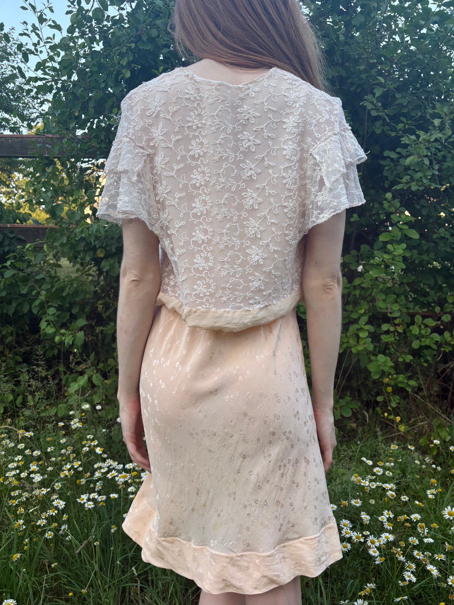 1930s Tambour Lace Bolero Leaf Embroidery Cream Peach Trim Ruffle Sleeve Tie Front Bed Jacket