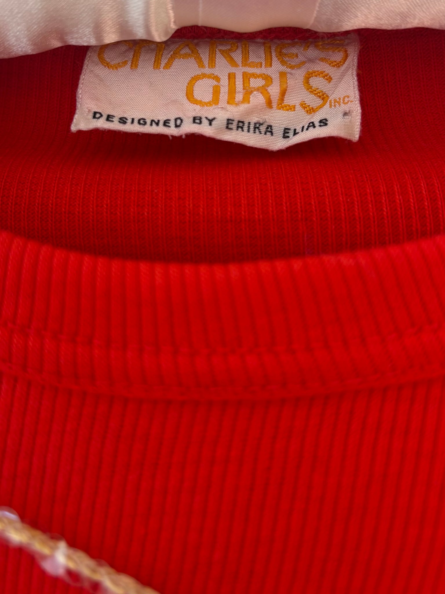 1970s Sequin Lightning Bolts Red Ribbed Tee T Shirt Long Sleeve Charlie’s Girls