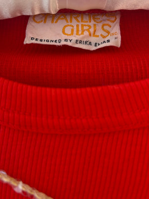 1970s Sequin Lightning Bolts Red Ribbed Tee T Shirt Long Sleeve Charlie’s Girls
