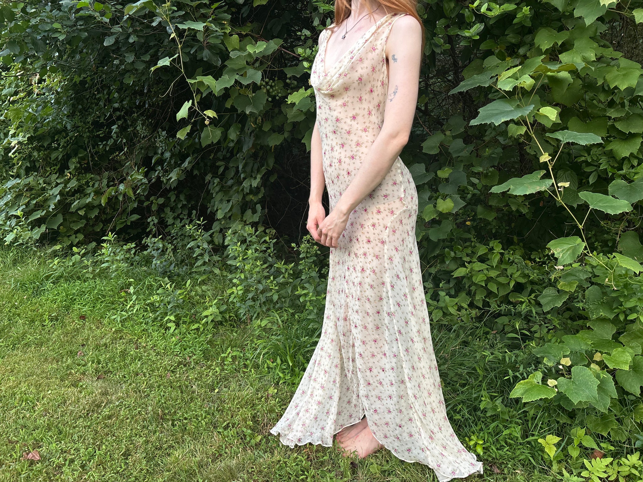 1990s Silk Chiffon Floral Cream Cowl Neck Bias Cut Slip Dress