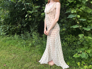 1990s Silk Chiffon Floral Cream Cowl Neck Bias Cut Slip Dress