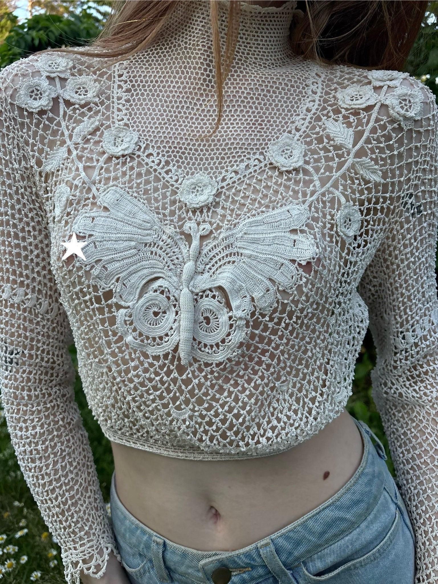 1900s Edwardian Irish Crochet 3d Butterfly White Cotton Floral Design Blouse