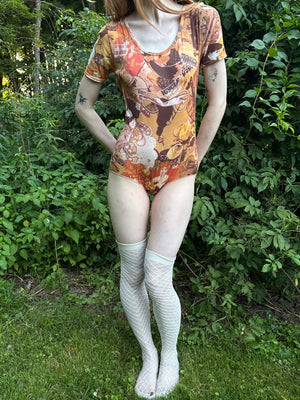 1970s Art Nouveau Woman Face Mucha Print Bodysuit