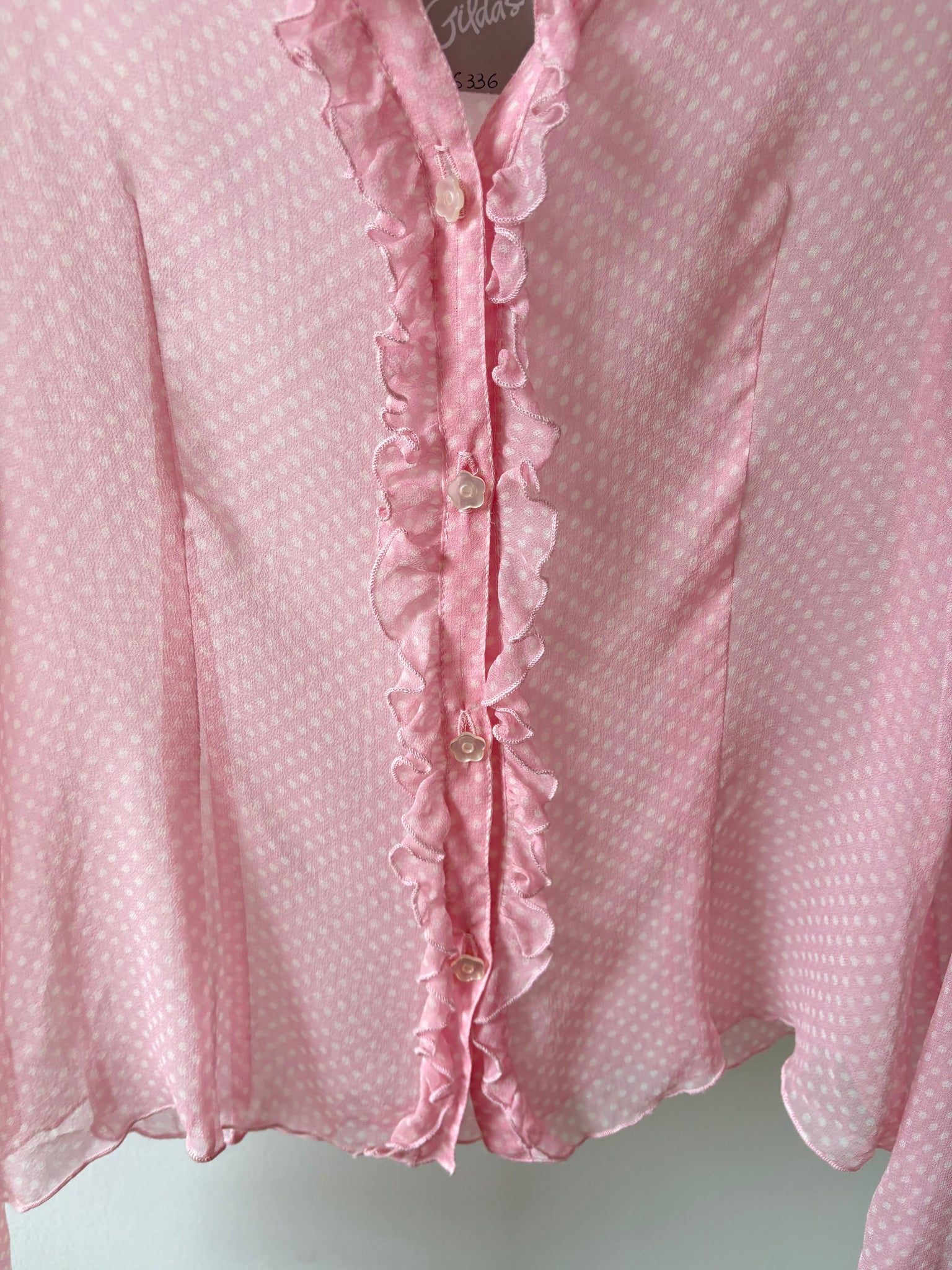 1990s Silk Chiffon Dot Print Button Up Blouse Pink White