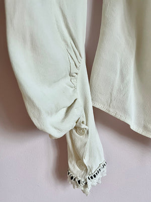 1940s White Rayon Crepe Lace Yoke Ruffle Mutton Sleeve Blouse