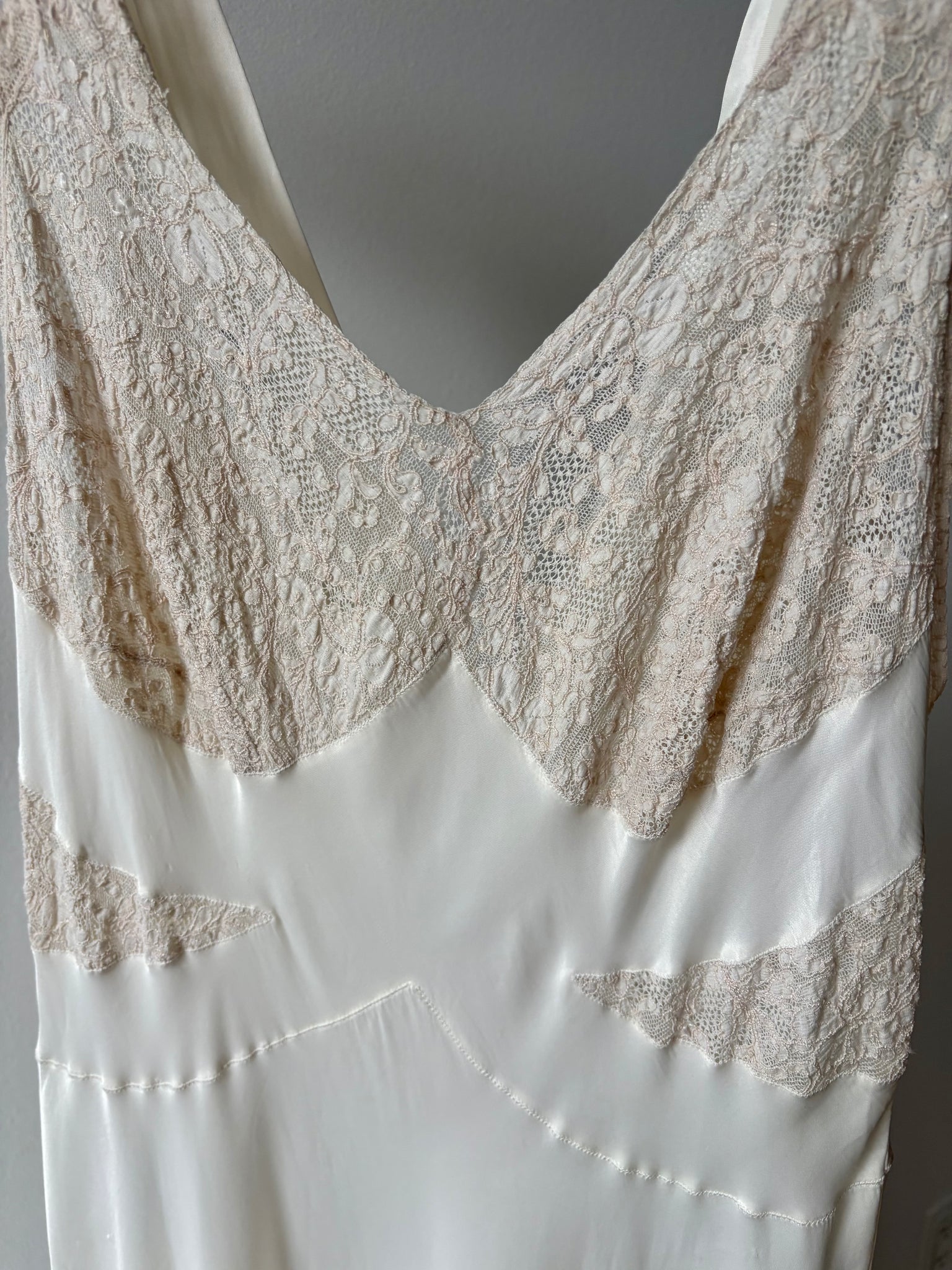 1940s Rayon White Lace Bodice Bias Cut Slip Dress Lace