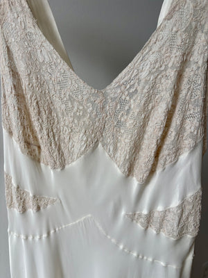 1940s Rayon White Lace Bodice Bias Cut Slip Dress Lace
