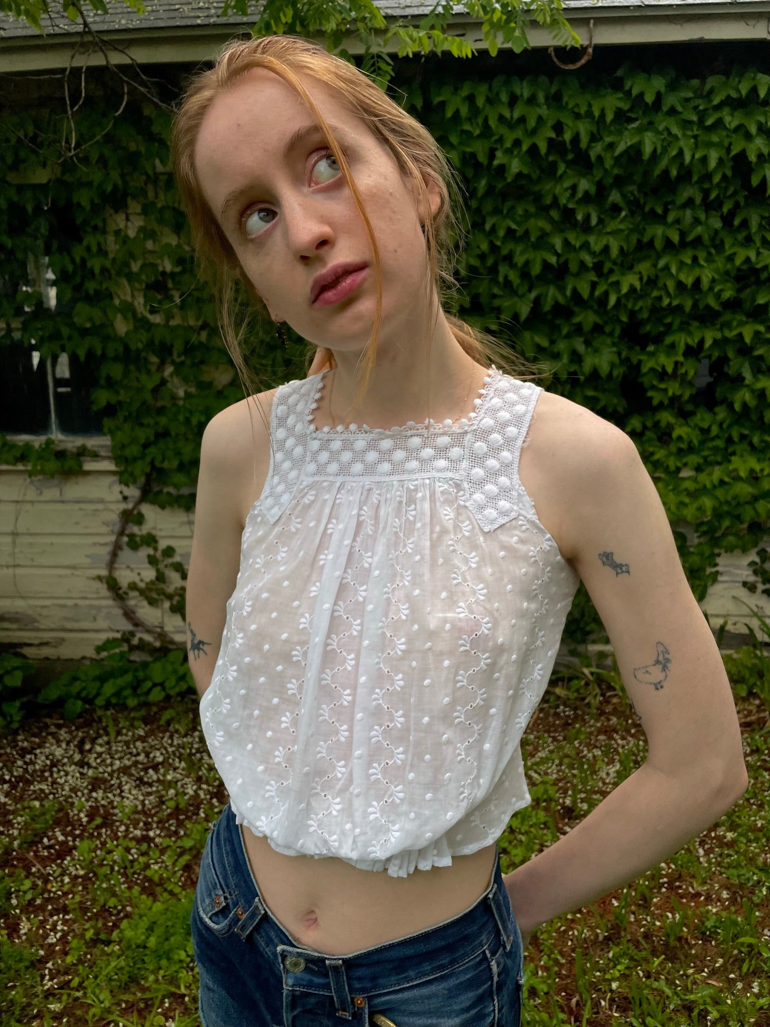 1900s White Cotton Floral Dotted Embroidered Top