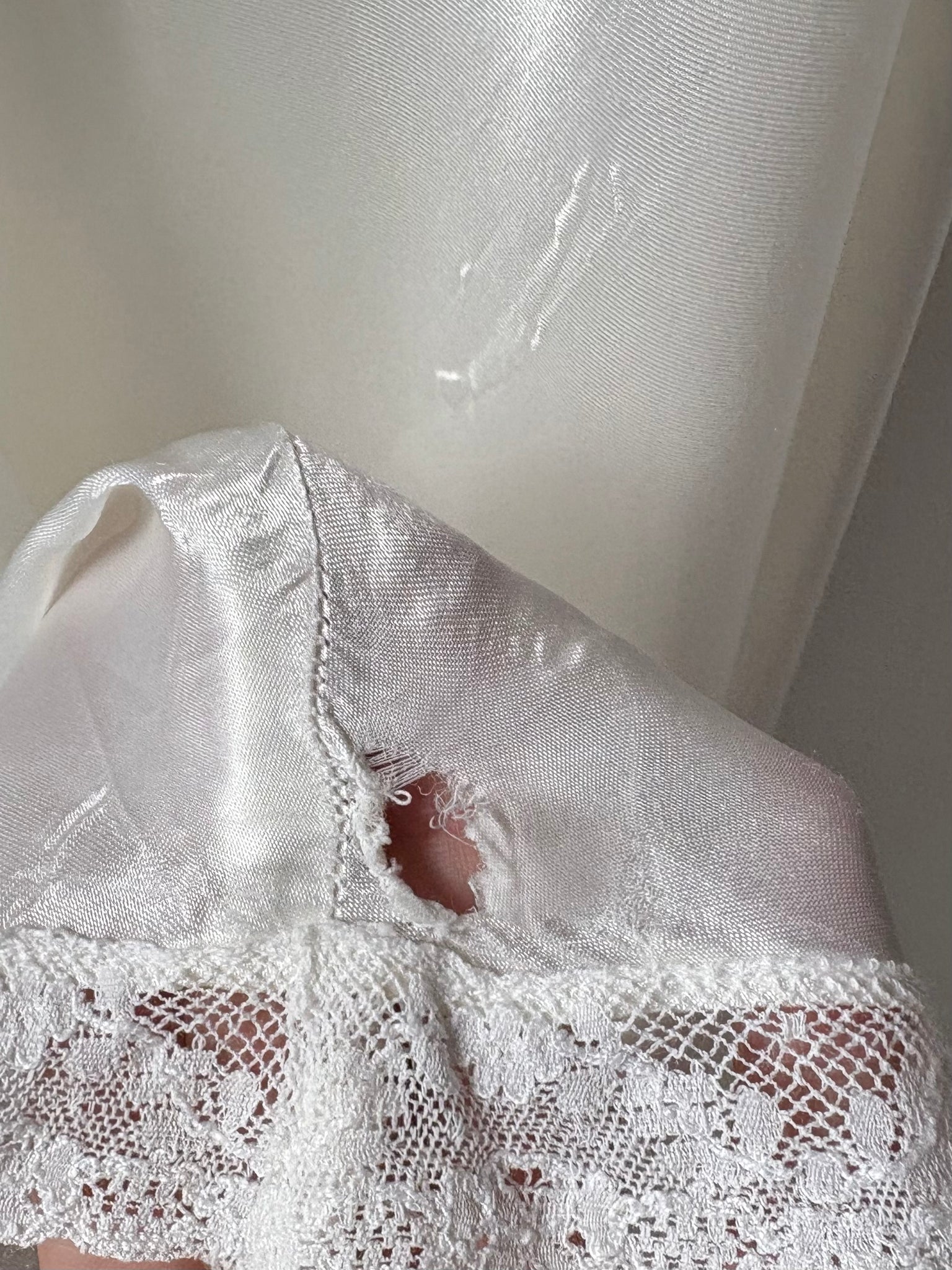 1940s Rayon Satin White Bias Cut Slip Dress Lace Wedding Gown