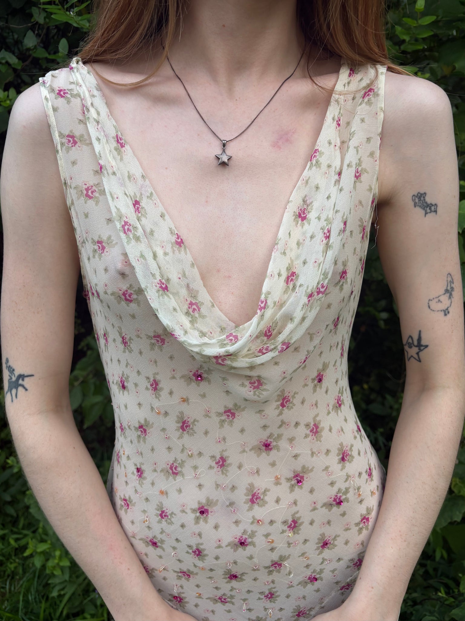 1990s Silk Chiffon Floral Cream Cowl Neck Bias Cut Slip Dress