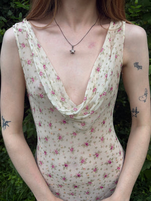 1990s Silk Chiffon Floral Cream Cowl Neck Bias Cut Slip Dress
