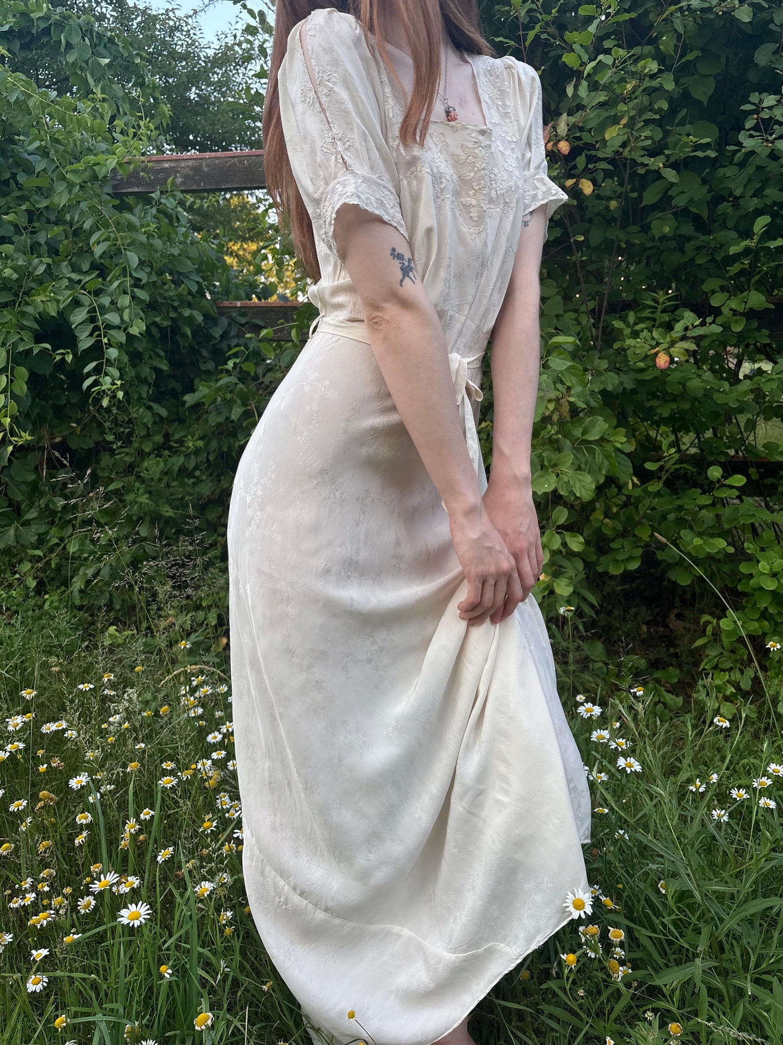 1940s Silk Brocade White Bias Cut Slip Dress Net Mesh Appliqué Lace Wedding Gown Open Sleeves