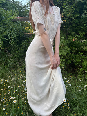 1940s Silk Brocade White Bias Cut Slip Dress Net Mesh Appliqué Lace Wedding Gown Open Sleeves