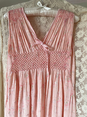 1940s Smocked Pink Rayon Floral Brocade Satin Slip Dress