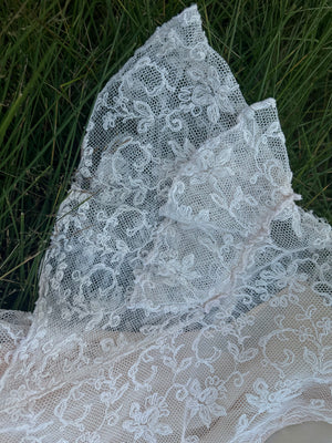 1930s Tambour Lace Bolero Leaf Embroidery Cream Peach Trim Ruffle Sleeve Tie Front Bed Jacket