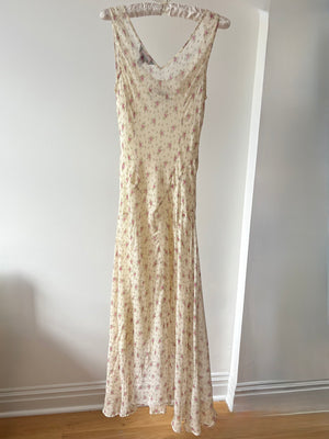 1990s Silk Chiffon Floral Cream Cowl Neck Bias Cut Slip Dress