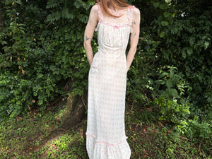 1930s White Cotton Floral Bias Cut Slip Dress Peignoir Set Puff Sleeves Pink Ribbon Rose Floral