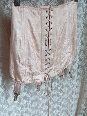 1940s Pale Pink Brocade Floral Rayon Corset