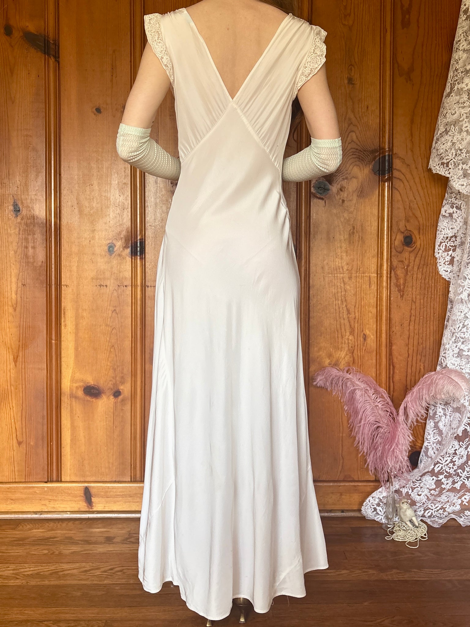 1940s Pale Pink White Lace Bias Cut Slip Dress