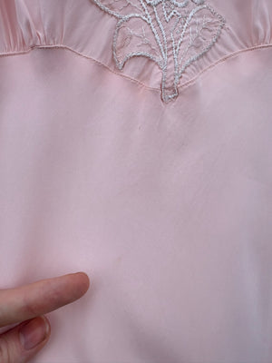 1940s Pale Pink Rose Appliqué Bias Cut Rayon Slip Midi Dress Cream Lace