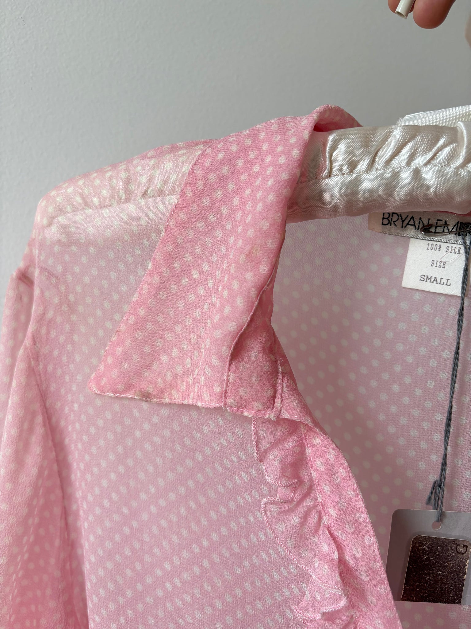 1990s Silk Chiffon Dot Print Button Up Blouse Pink White