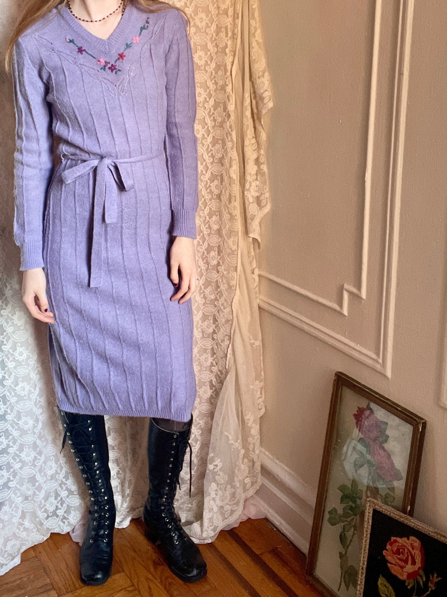 1970s Lavender Knit Sweater Dress Embroidered Floral Butterfly Breath Of the Earth 1970s Lavender Knit Sweater Dress Embroidered Floral Butterfly Breath Of the Earth