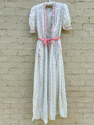 1930s White Cotton Floral Bias Cut Slip Dress Peignoir Set Puff Sleeves Pink Ribbon Rose Floral