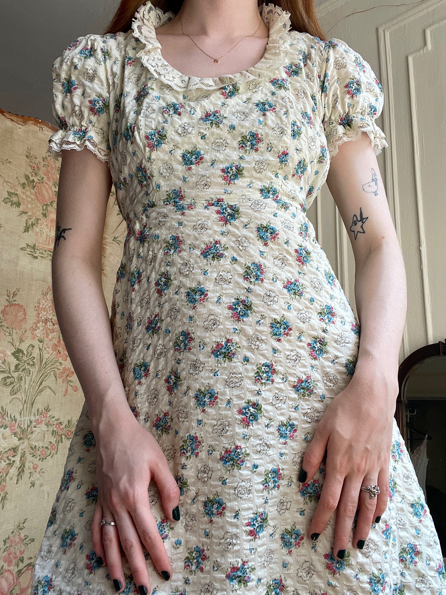1970s Cream Pink and Blue Floral Lace Puff Sleeve Prairie Maxi Dress Breath Of the Earth 1970s Cream Pink and Blue Floral Lace Puff Sleeve Prairie Maxi Dress Breath Of the Earth