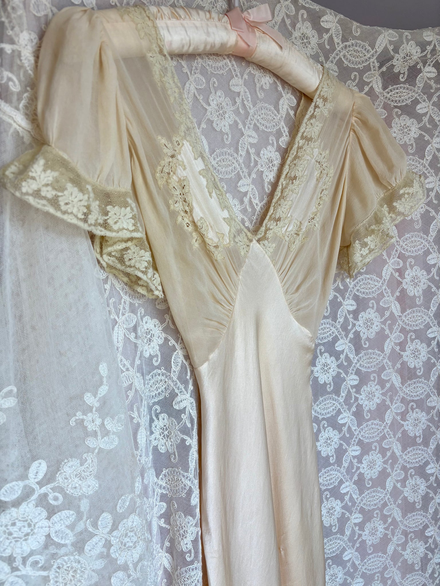 1930s Silk Chiffon Bias Cut Slip Dress Cream Lace Sheer Puff Sleeves Bridal Gown
