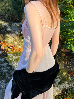 1940s Pink Nylon Sheer Lace Ruched Stomach Slip Dress
