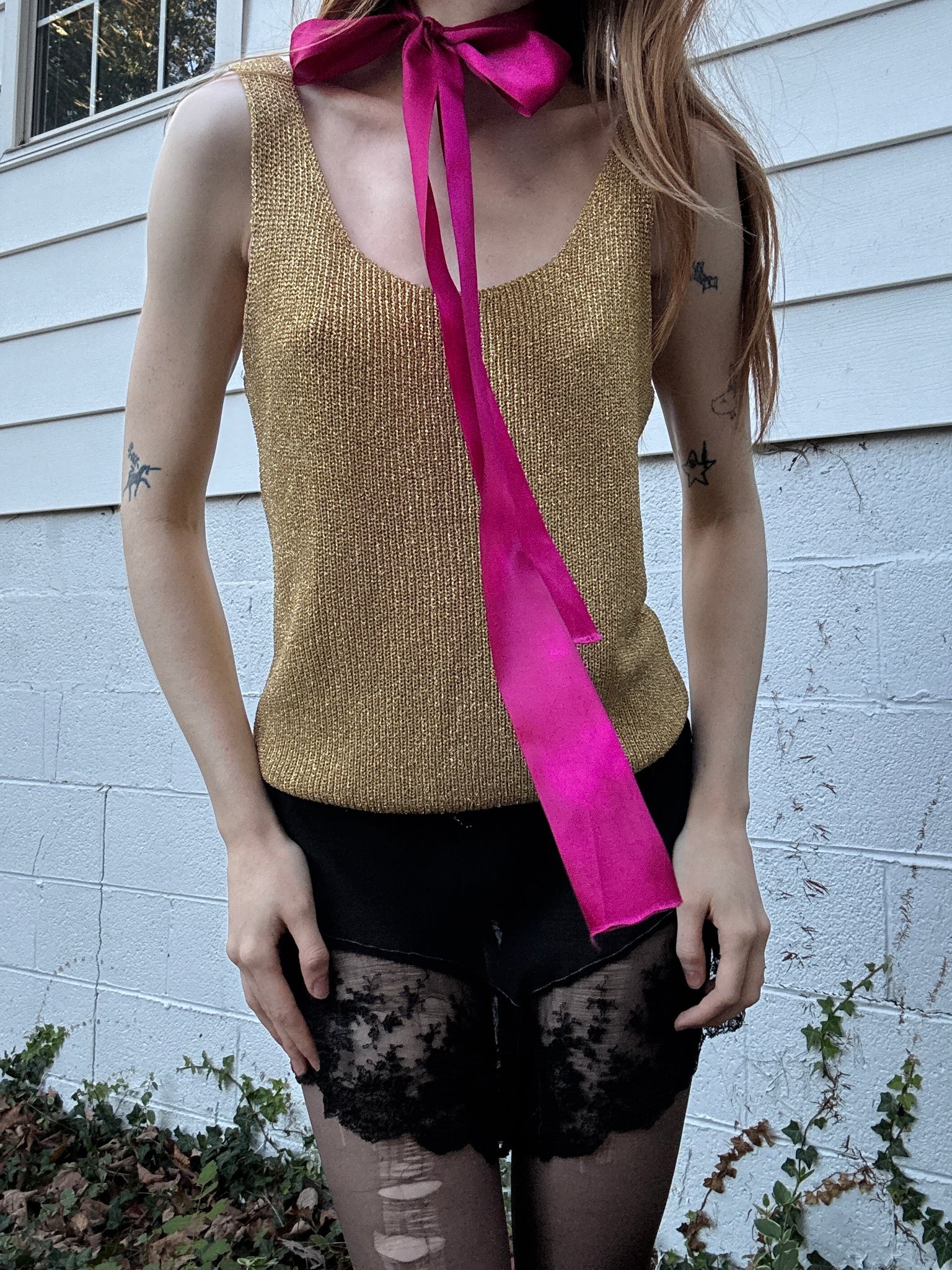 1980s Gold Glitter Sparkle Lurex Knit Sweater Tank Top