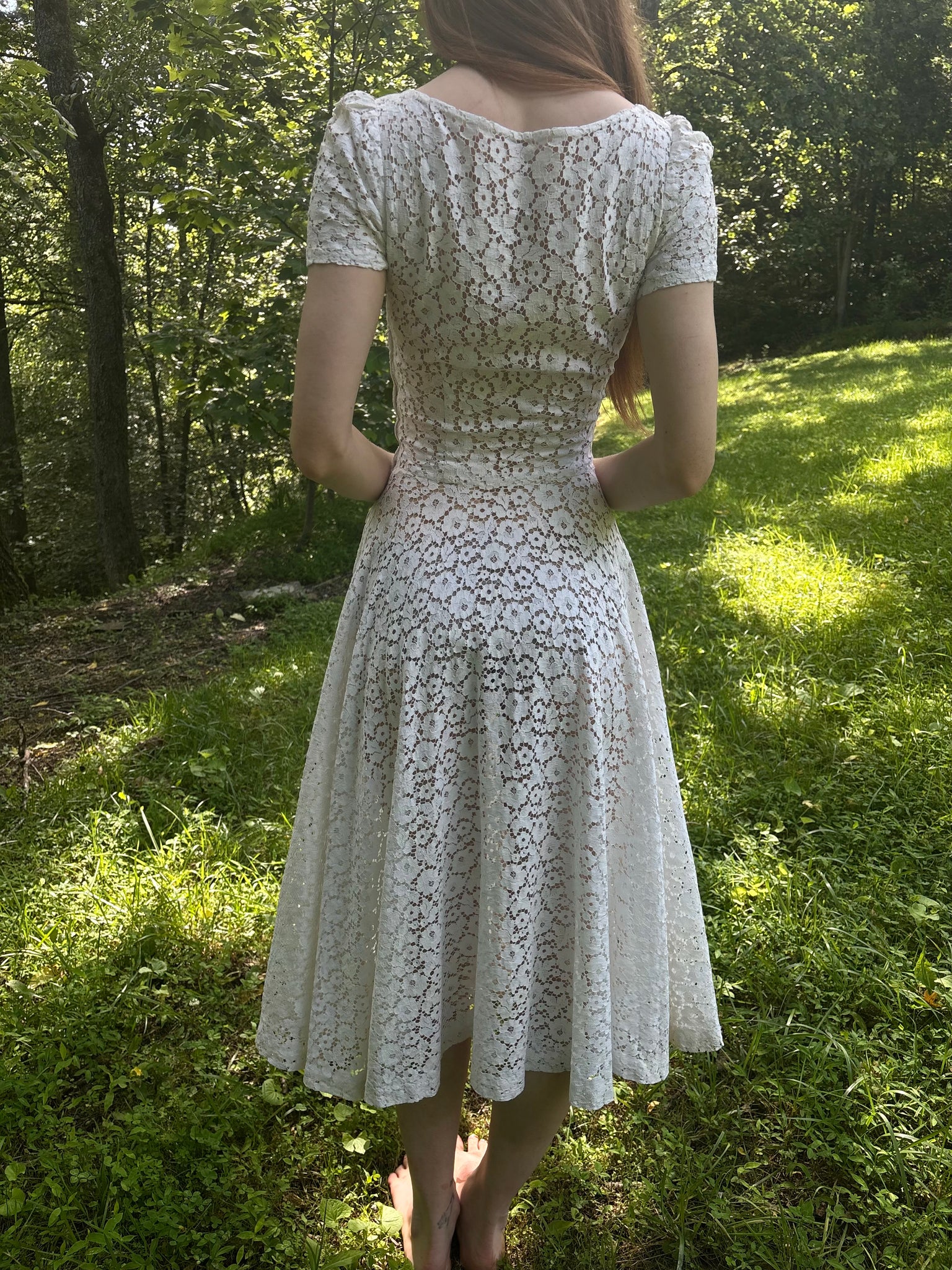 1950s White Cotton Floral Lace Fitted Short Sleeve Dress Bridal Wedding