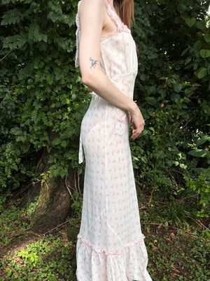 1930s White Cotton Floral Bias Cut Slip Dress Peignoir Set Puff Sleeves Pink Ribbon Rose Floral