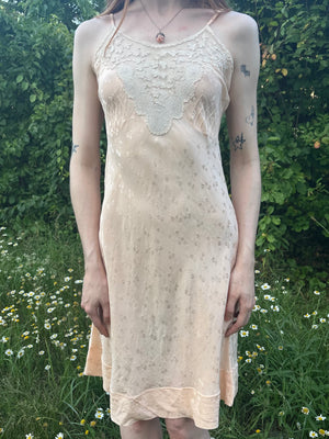 1940s Peach Brocade Silk Cream Net Floral Appliqué Bias Cut Slip Midi Dress