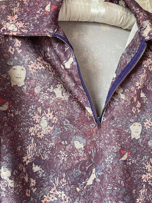 1970s Art Nouveau Woman Face Mucha Print Purple Floral Top Zip Up