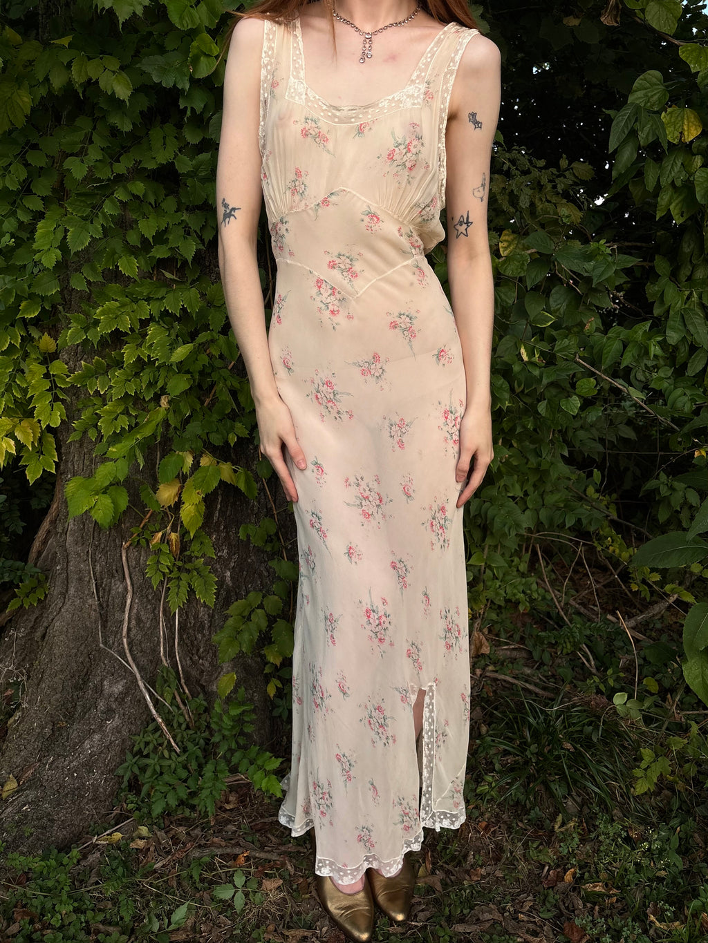 1930s Silk Chiffon Floral Print Cream Lace Bias Cut Slip Dress